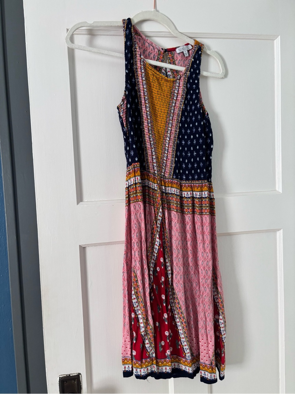 Patrons of Peace Sleeveless Midi Dress in Navy, Pink, Red & Mustard